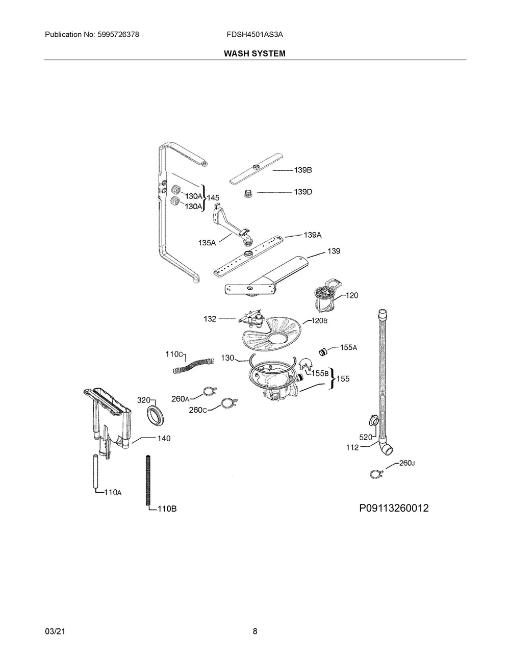 Wash System Diagram and Parts List for FDSH4501AS3A  Frigidaire Dishwasher