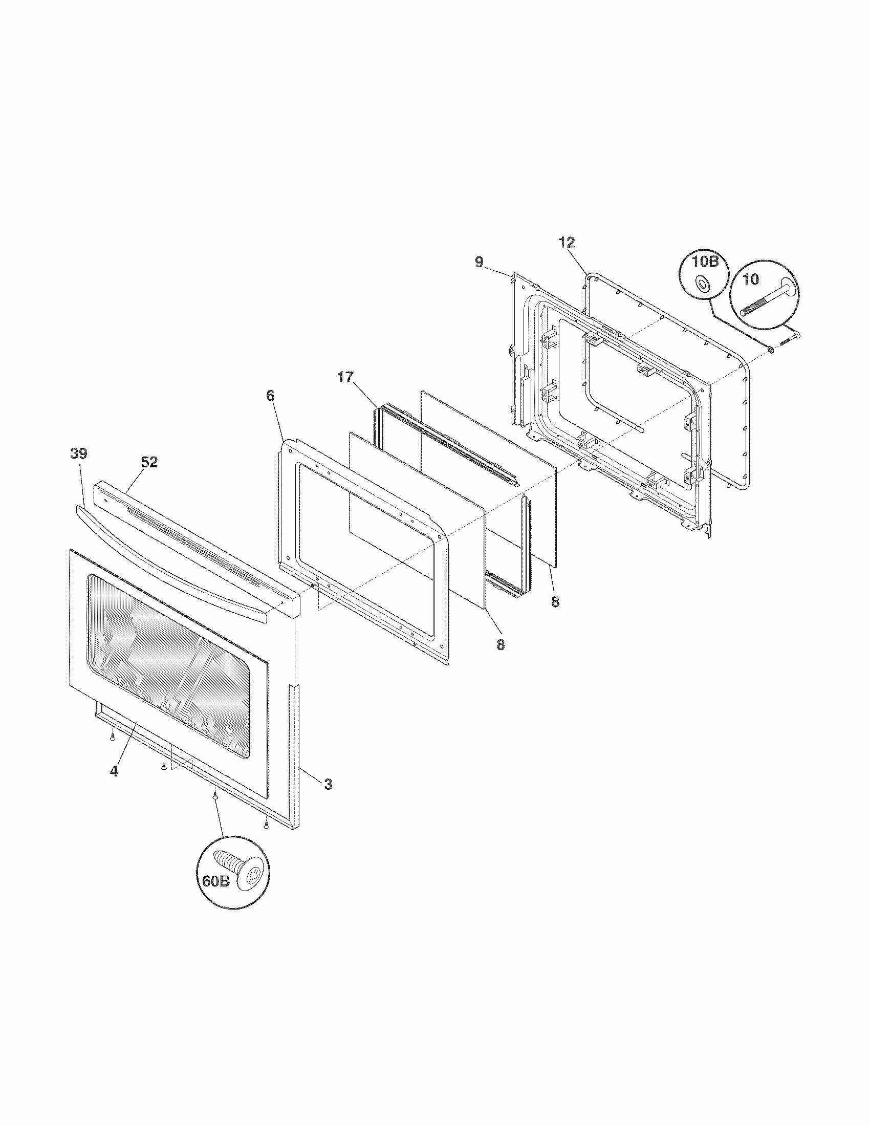 Door Diagram and Parts List for 79070613210  Kenmore Range