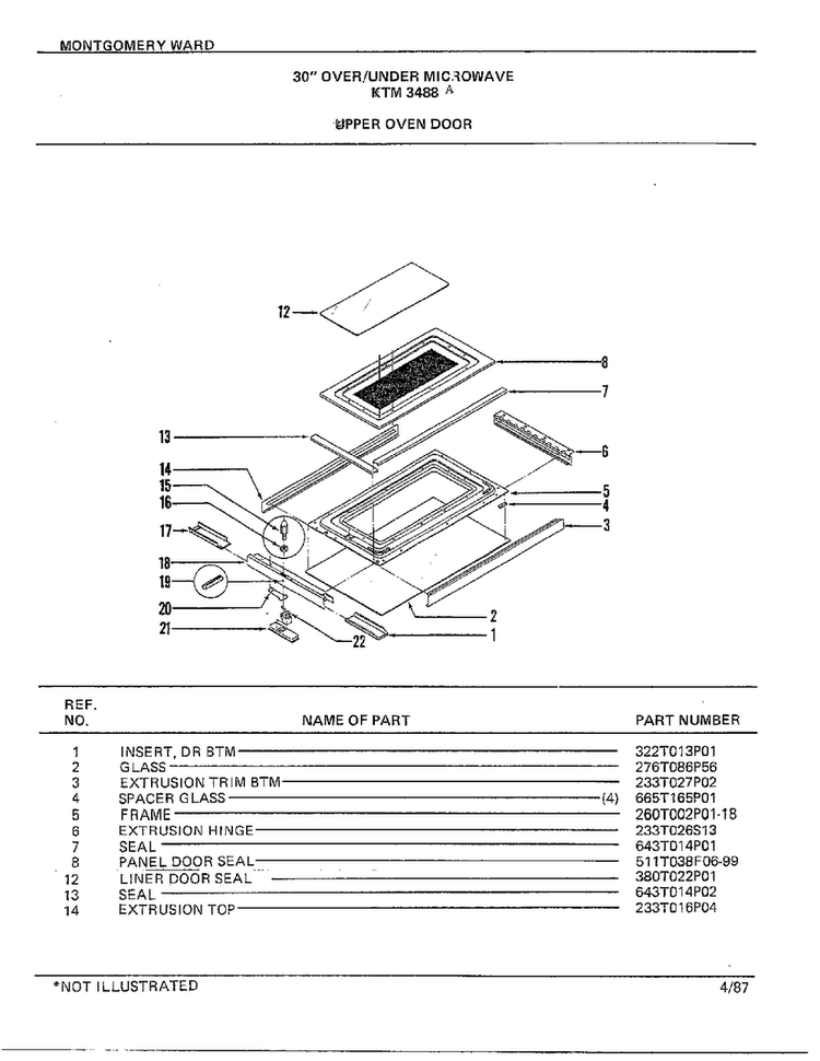 30" Over/under Upper Oven Door Diagram and Parts List for 3488A  Frigidaire Range