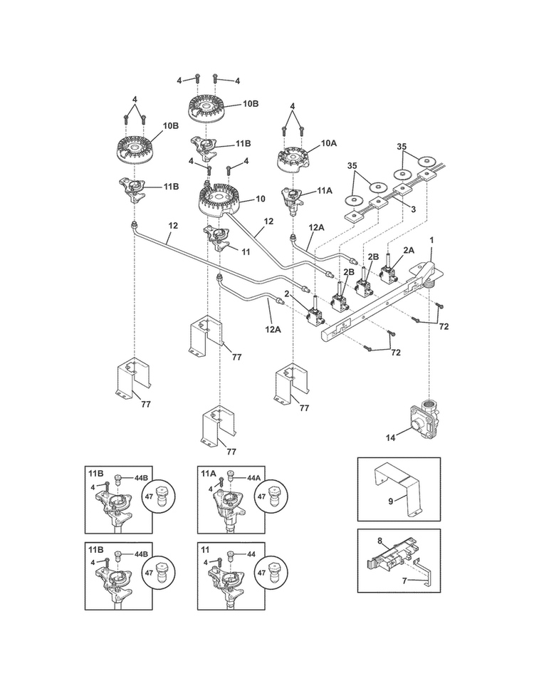 Burner Diagram and Parts List for FFGC3015LBC  Frigidaire Cooktop