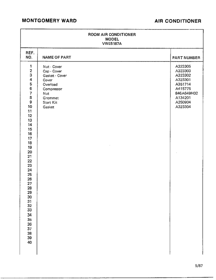 Air Conditioner Page 6 Diagram and Parts List for 5187A  Frigidaire Air Conditioner