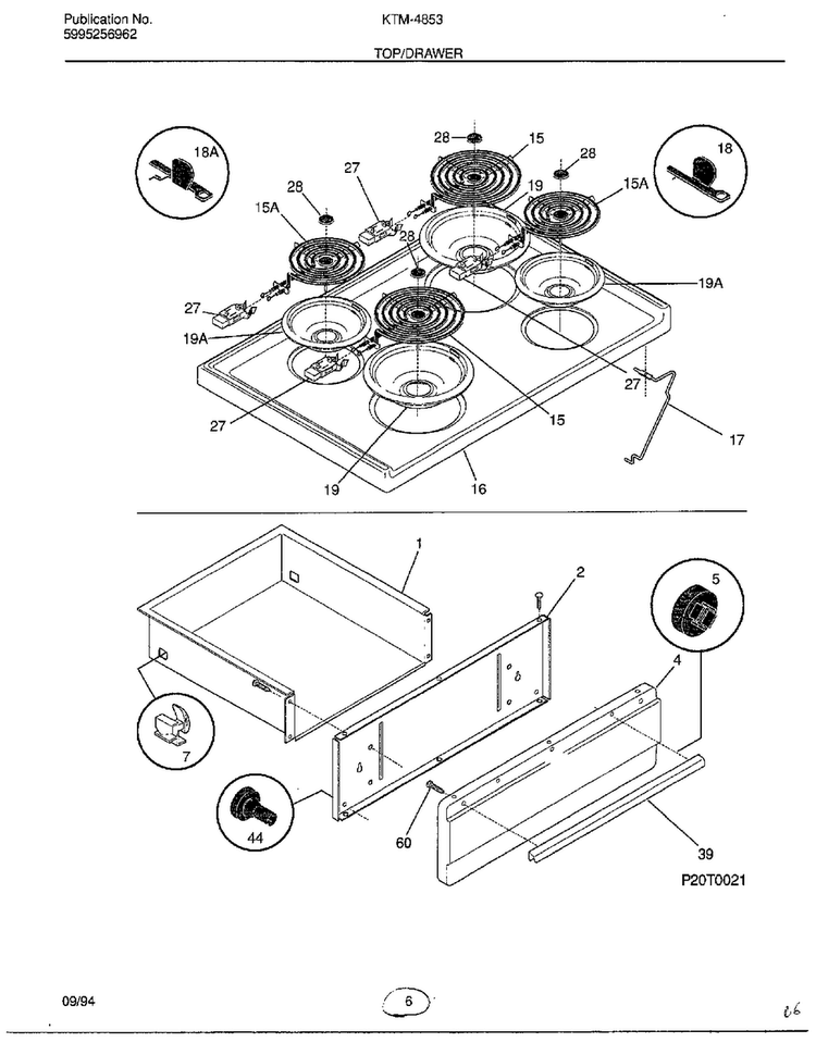 Top/drawer Diagram and Parts List for 4853  Frigidaire Range