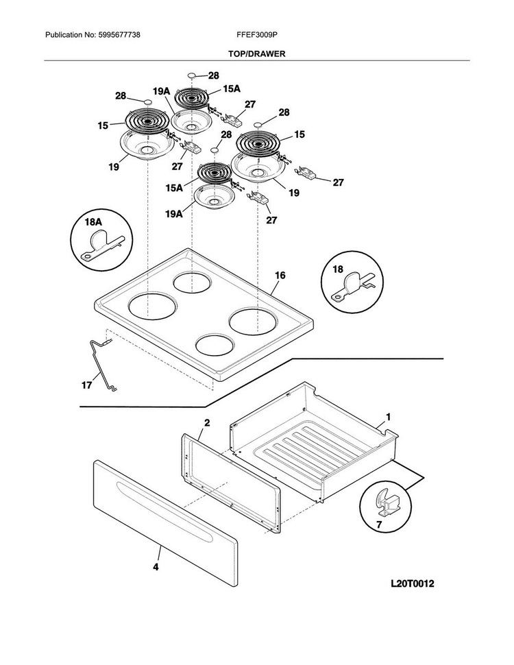 Top/drawer Diagram and Parts List for FFEF3009PWC  Frigidaire Range