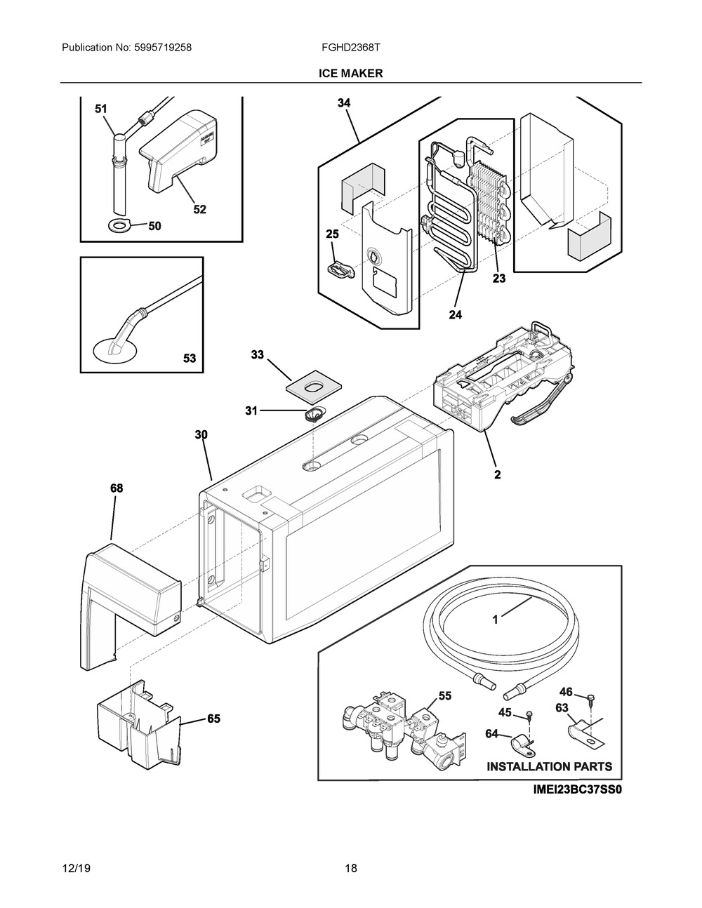Ice Maker Diagram and Parts List for FGHD2368TF6  Frigidaire Refrigerator