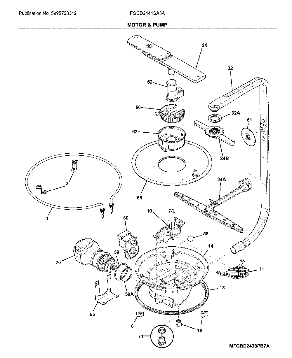 Motor & pump Diagram and Parts List for FGCD2444SA3A  Frigidaire Dishwasher