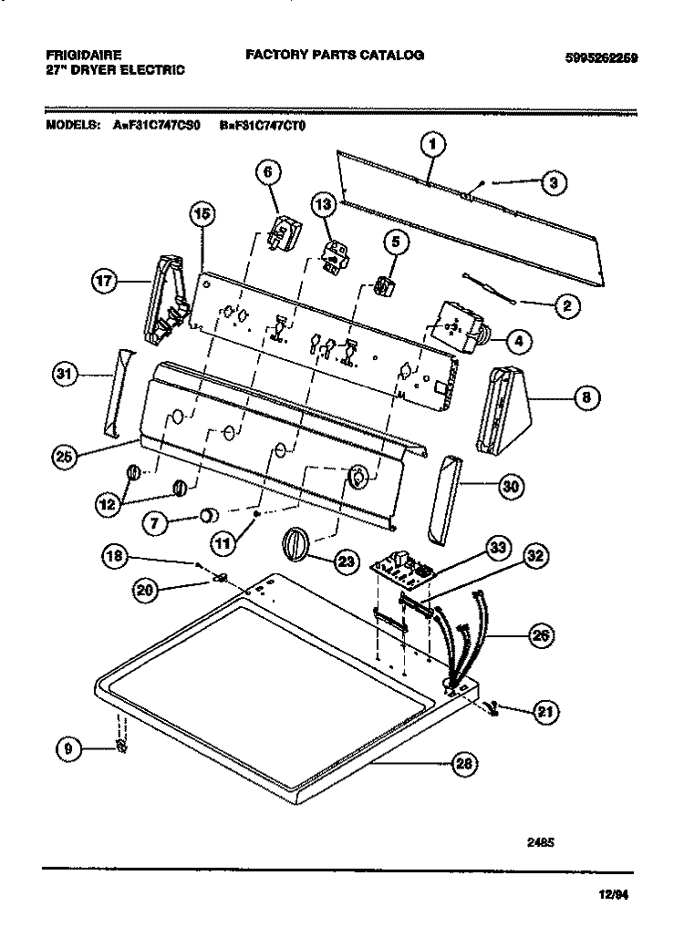CONSOLE, CONTROLS, TOP PANEL Diagram and Parts List for F31C747CS0  Frigidaire Dryer