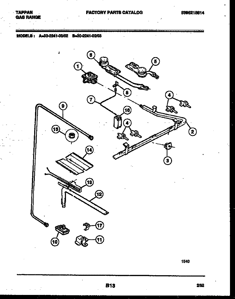 BURNER, MANIFOLD AND GAS CONTROL Diagram and Parts List for 30-2241-00-03  Tappan Range