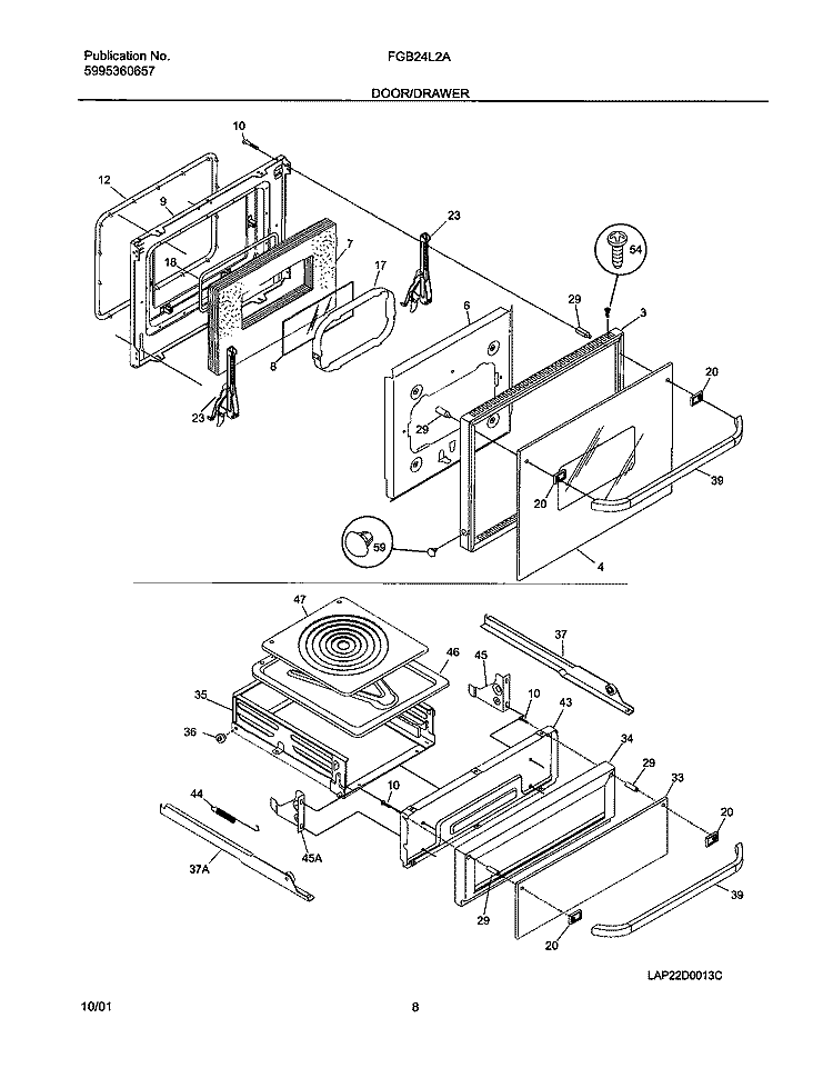 DOOR / DRAWER Diagram and Parts List for FGB24L2ABA  Frigidaire Wall Oven