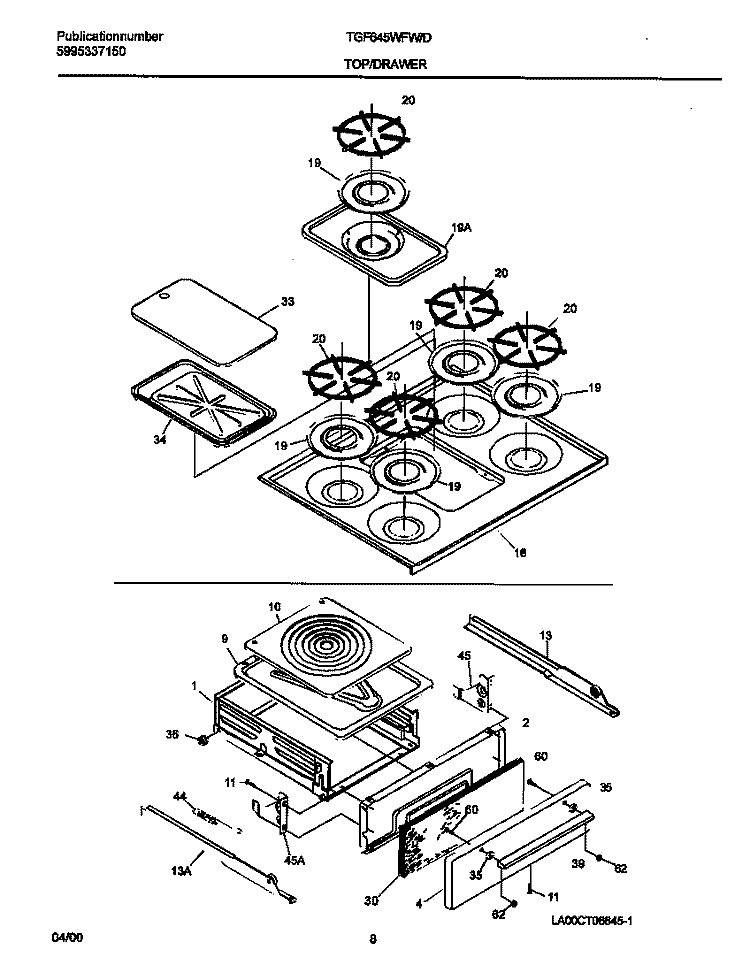 TOP / DRAWER Diagram and Parts List for TGF645WFD7  Tappan Range