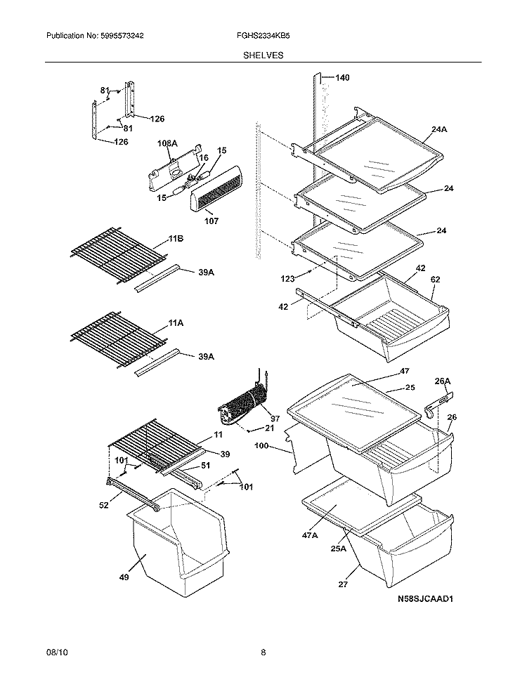 SHELVES Diagram and Parts List for FGHS2334KB5  Frigidaire Refrigerator