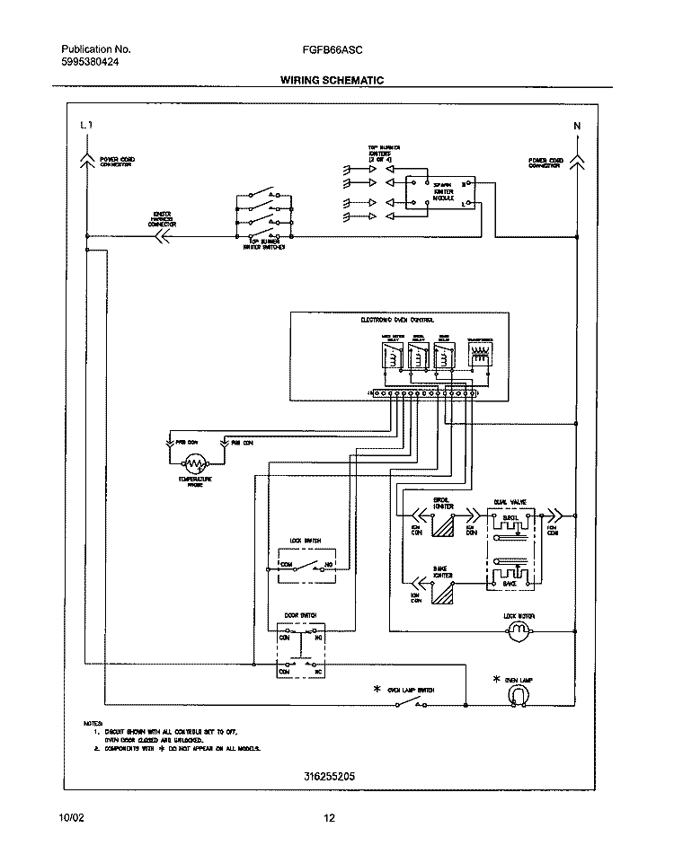 WIRING SCHEMATIC Diagram and Parts List for FGFB66ASC  Frigidaire Range