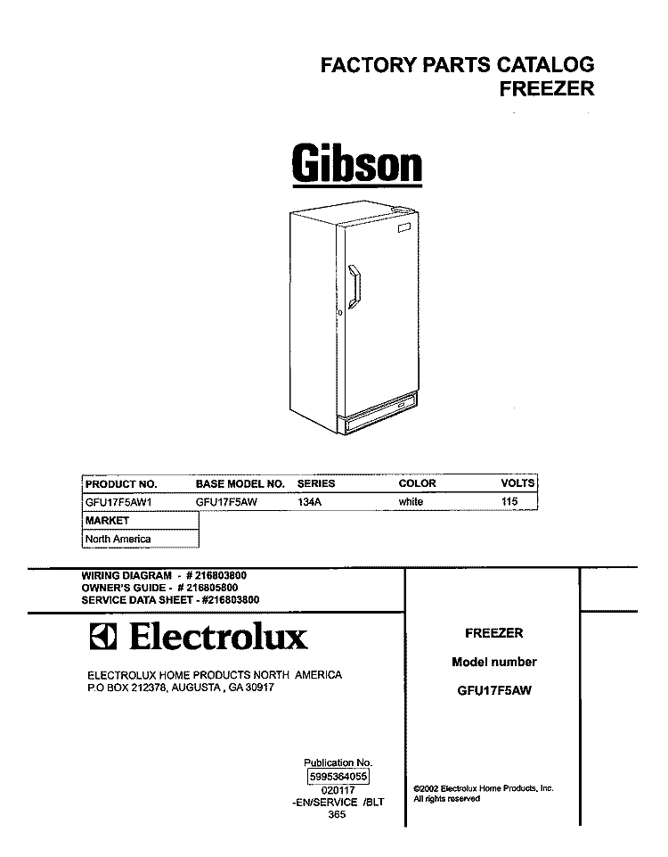 COVER Diagram and Parts List for GFU17F5AW1  Gibson Freezer