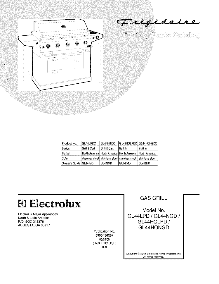 COVER Diagram and Parts List for GL44HONGDC  Frigidaire Grill