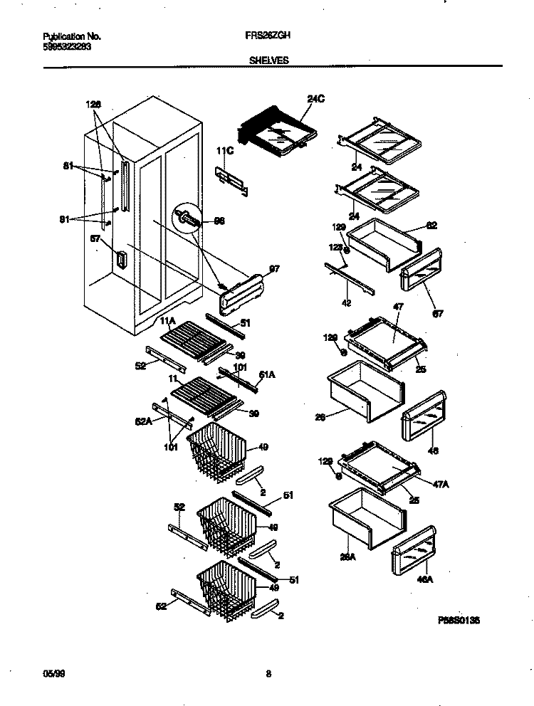 SHELVES Diagram and Parts List for FRS26ZGHD0  Frigidaire Refrigerator