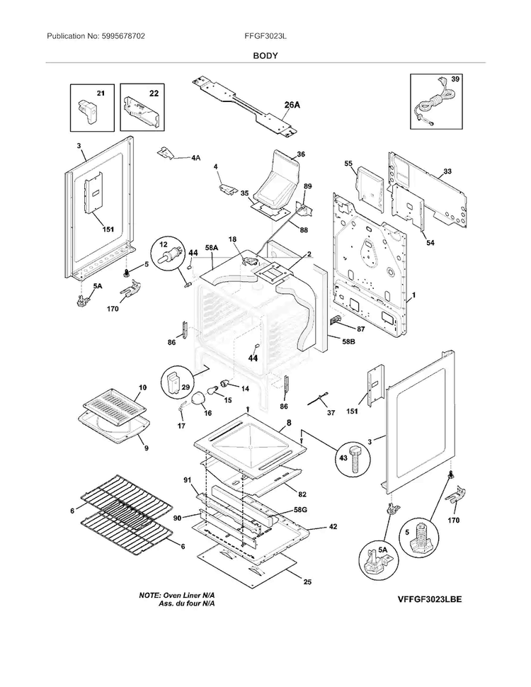 Body Diagram and Parts List for FFGF3023LBG  Frigidaire Range