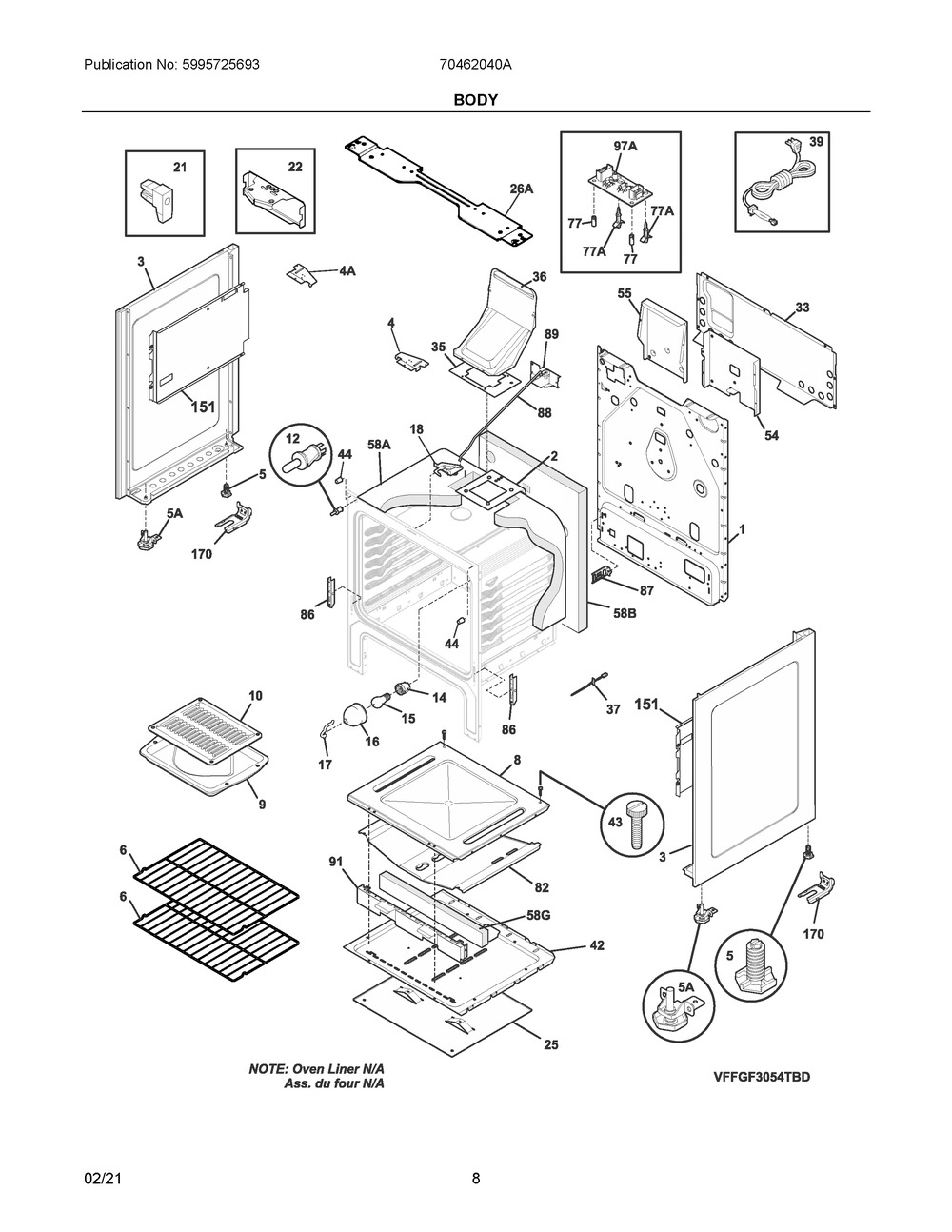 Body Diagram and Parts List for 70462040A  Frigidaire Range