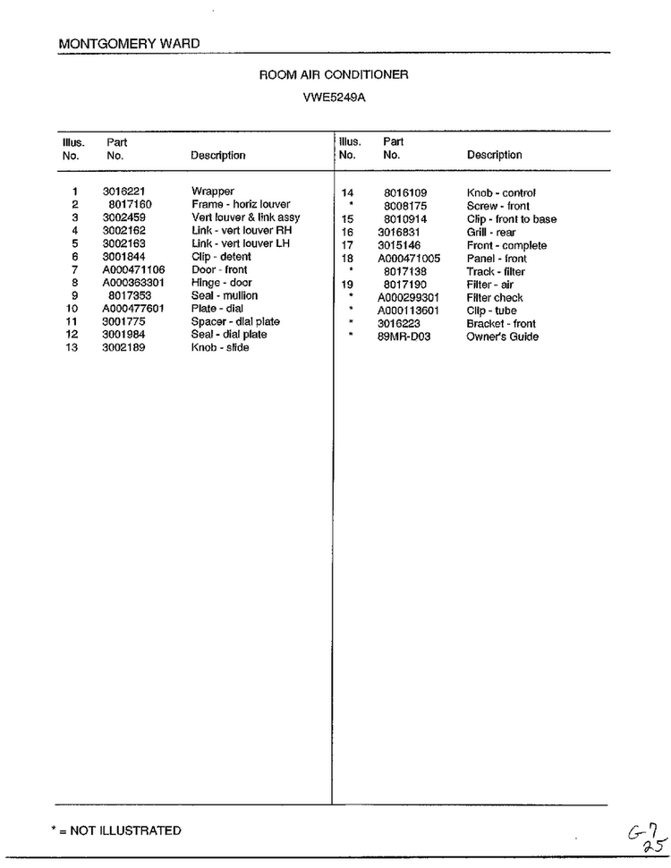 Room Air Conditioner Page 2 Diagram and Parts List for 5249A  Frigidaire Air Conditioner