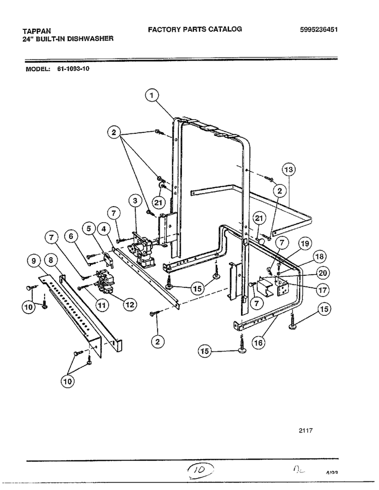 Upper Frame Assy Diagram and Parts List for 61-1093-10  Frigidaire Dishwasher