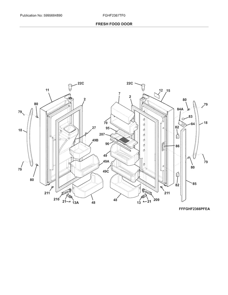 Fresh Food Doors Diagram and Parts List for FGHF2367TF0  Frigidaire Refrigerator