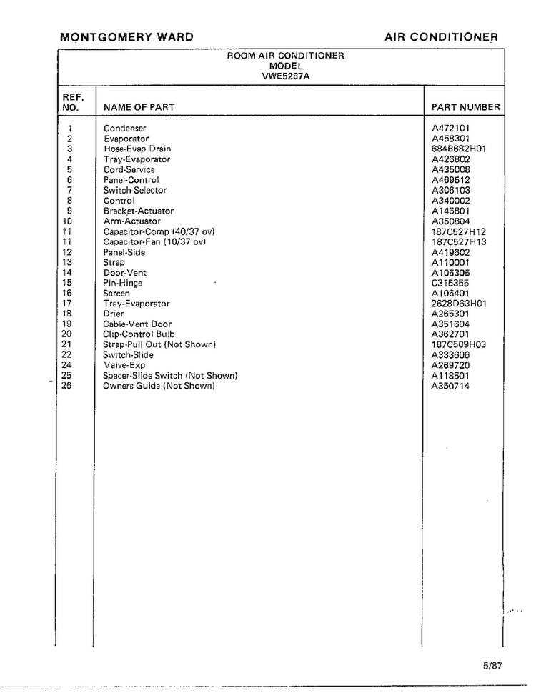Air Conditioner Page 4 Diagram and Parts List for 5287A  Frigidaire Air Conditioner