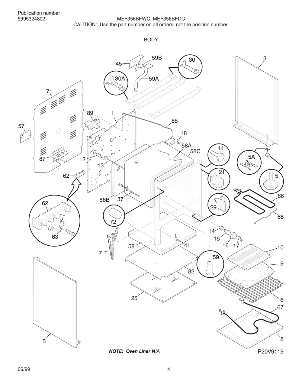 Body Diagram and Parts List for MEF356BFDC  Frigidaire Range