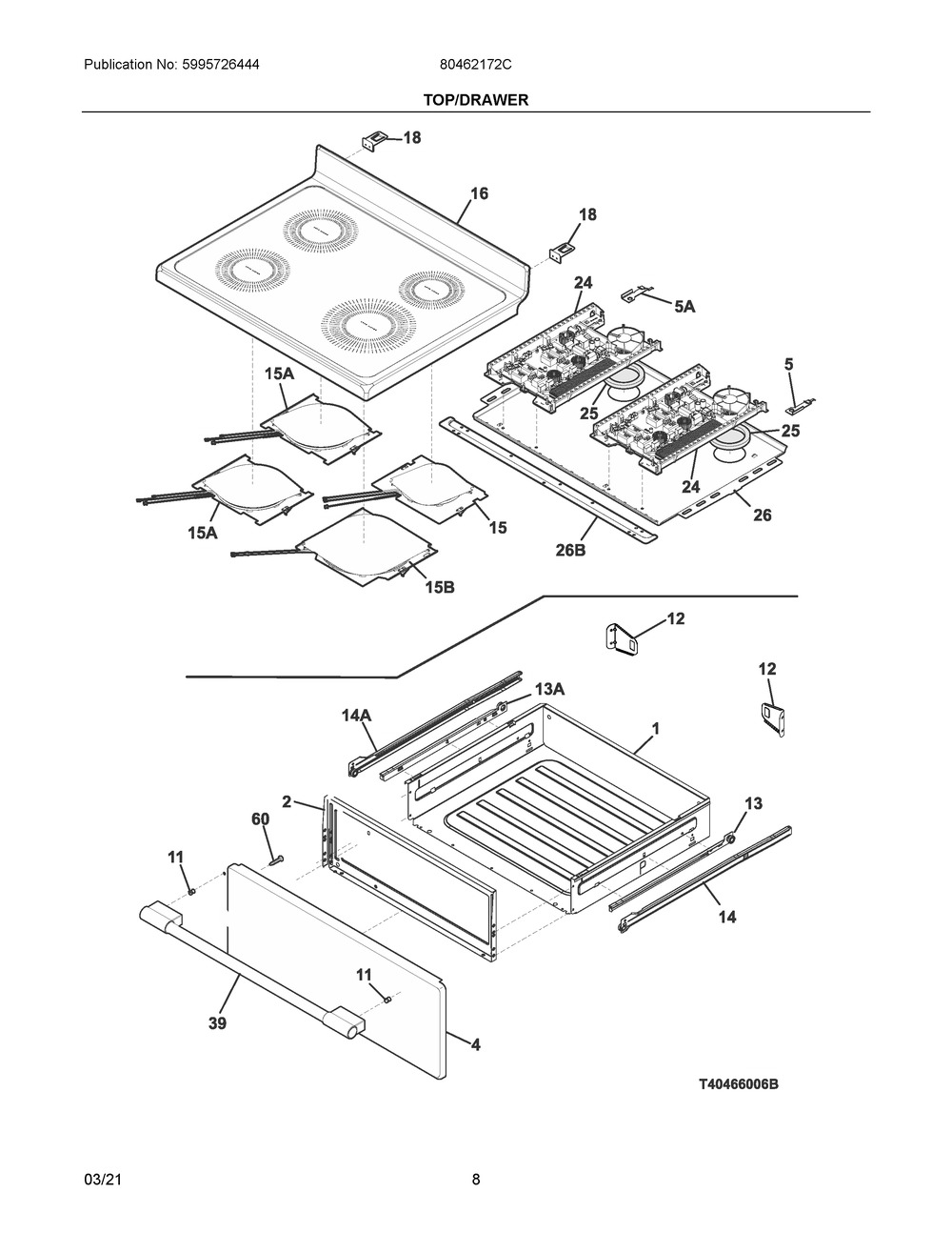 Top/Drawer Diagram and Parts List for 80462172C  Frigidaire Range