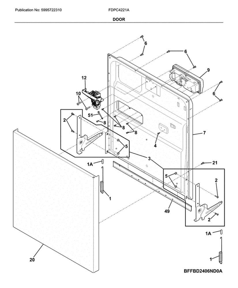 Door Diagram and Parts List for FDPC4221AB0A  Frigidaire Dishwasher