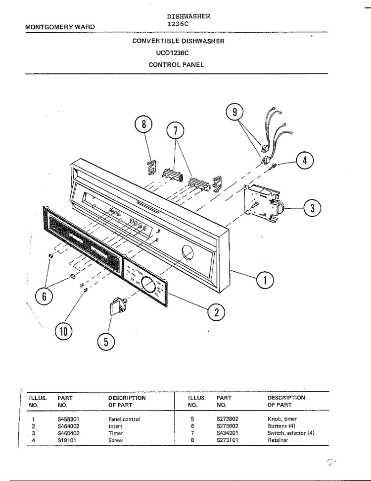 Control Panel Diagram and Parts List for 1236C  Frigidaire Dishwasher