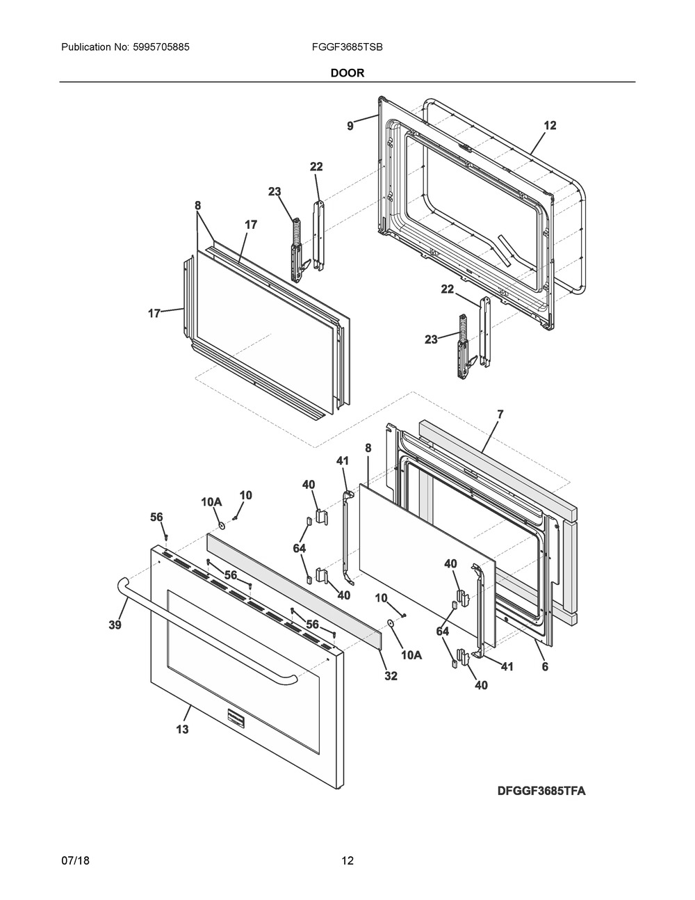 Door Diagram and Parts List for FGGF3685TSB  Frigidaire Range