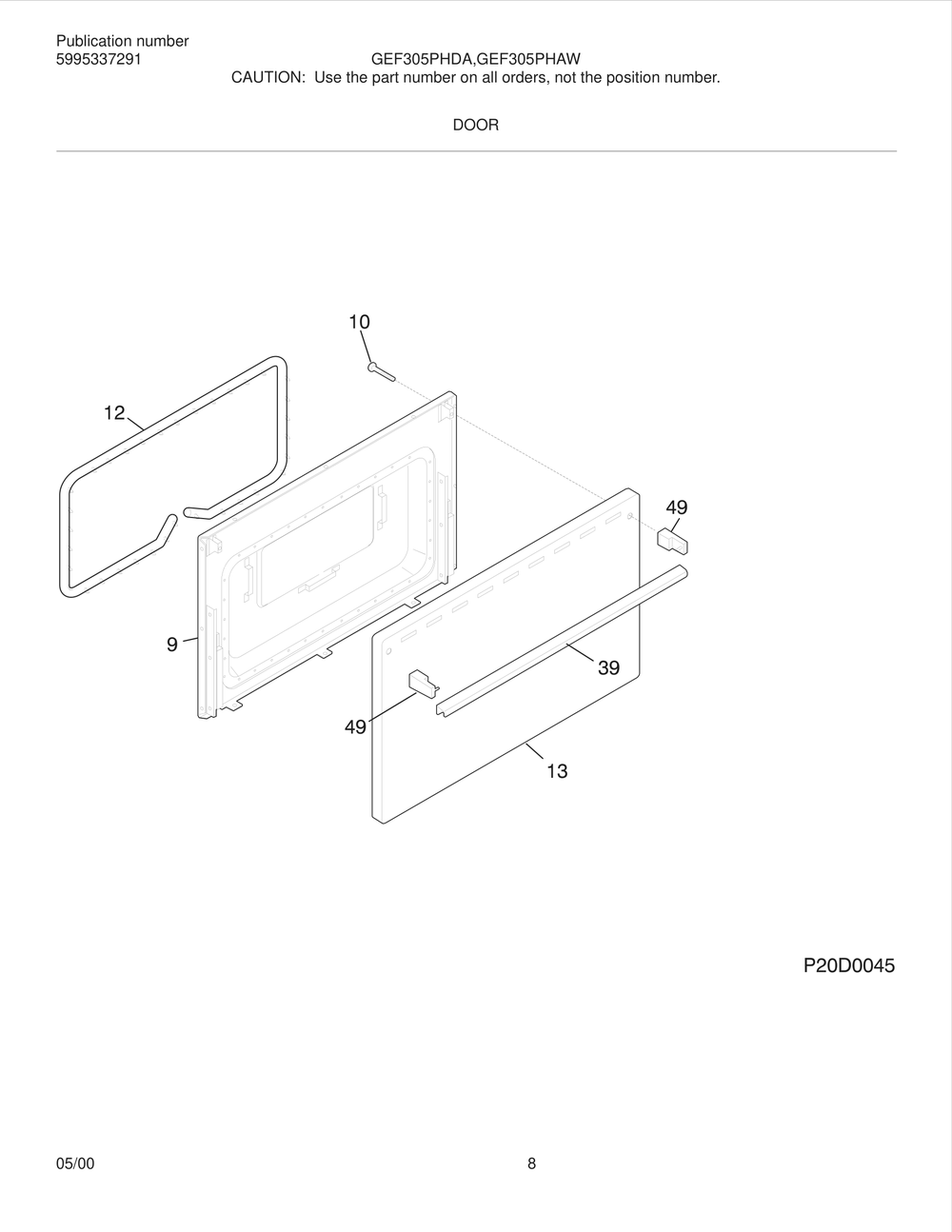 Door Diagram and Parts List for GEF305PHDA  Frigidaire Range