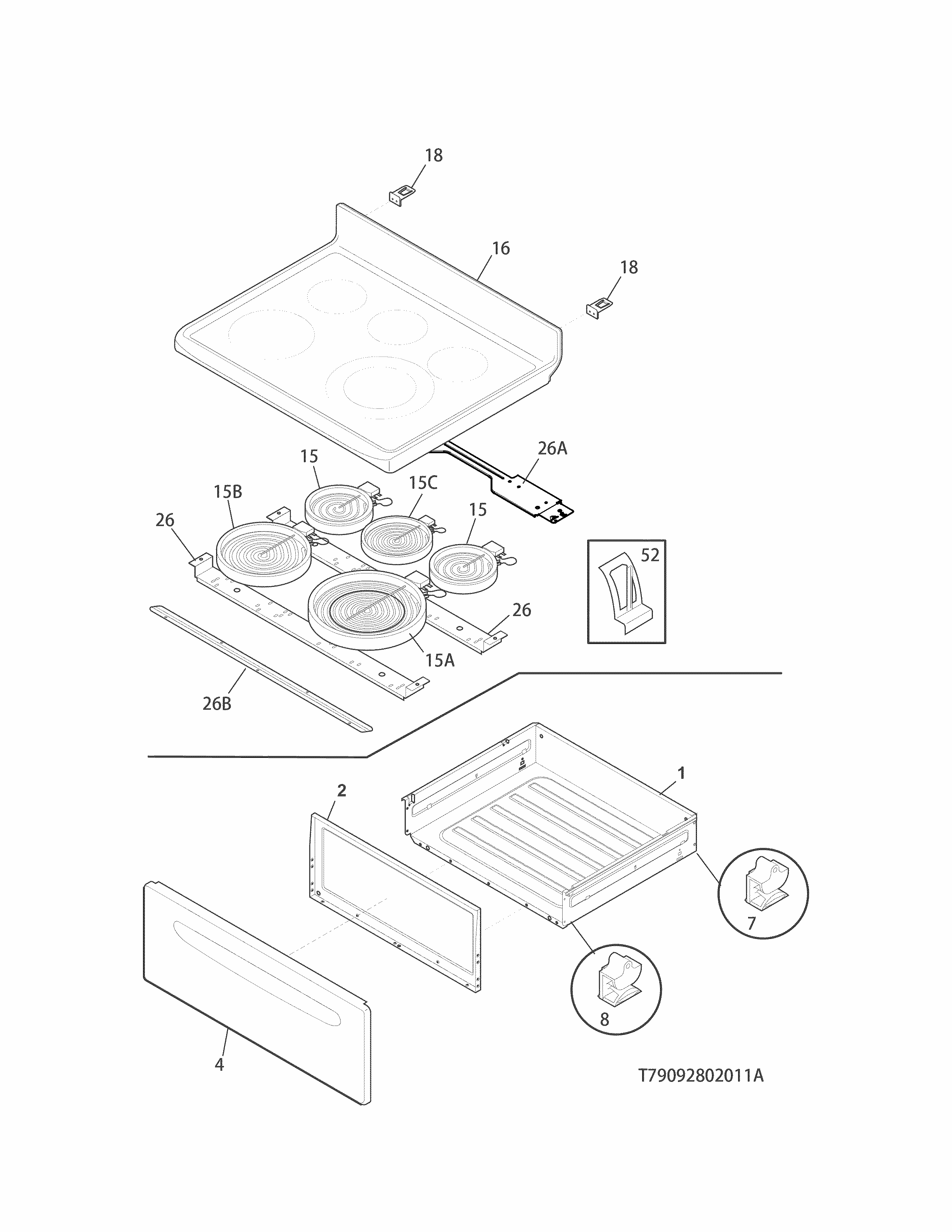Top/drawer Diagram and Parts List for 79094204311  Kenmore Range