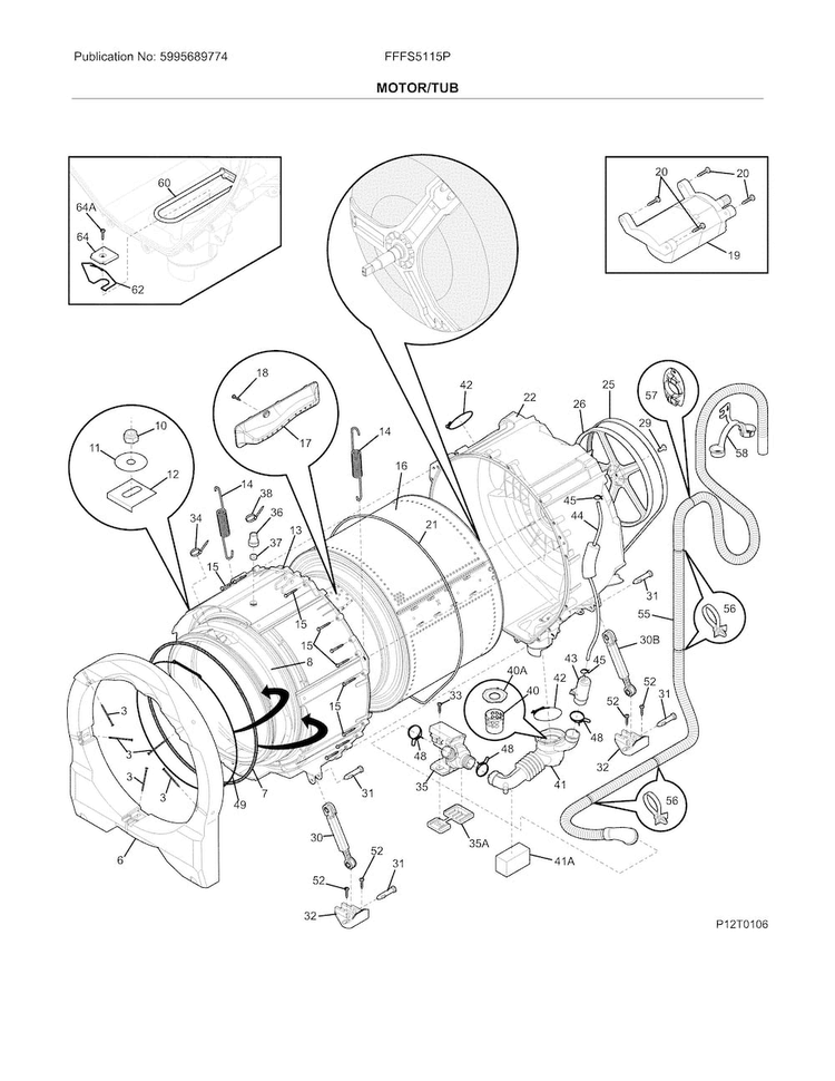 Motor/tub Diagram and Parts List for FFFS5115PA0  Frigidaire Washer