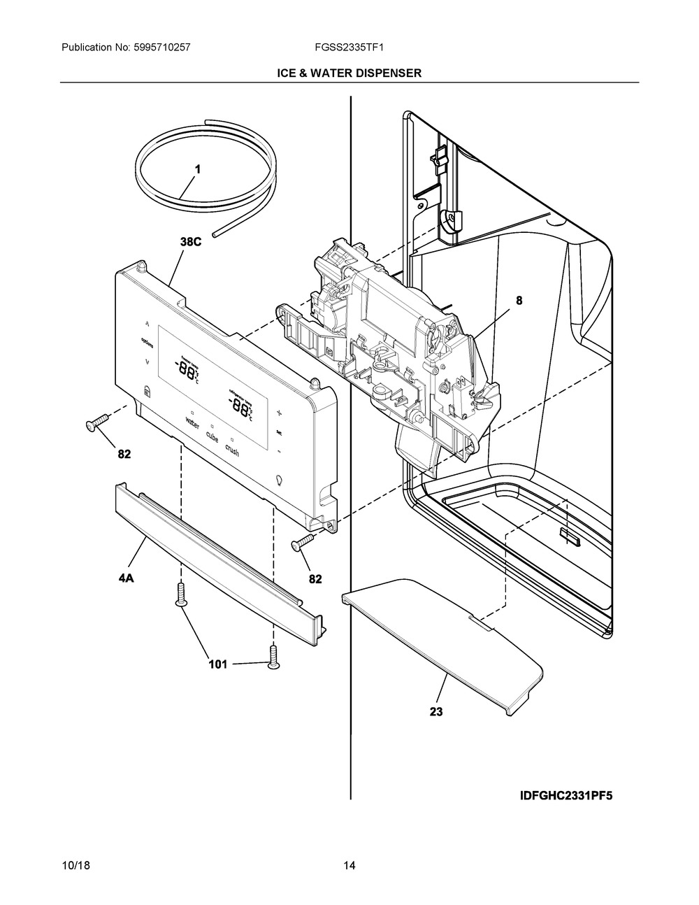 Ice & Water Dispenser Diagram and Parts List for FGSS2335TF1  Frigidaire Refrigerator
