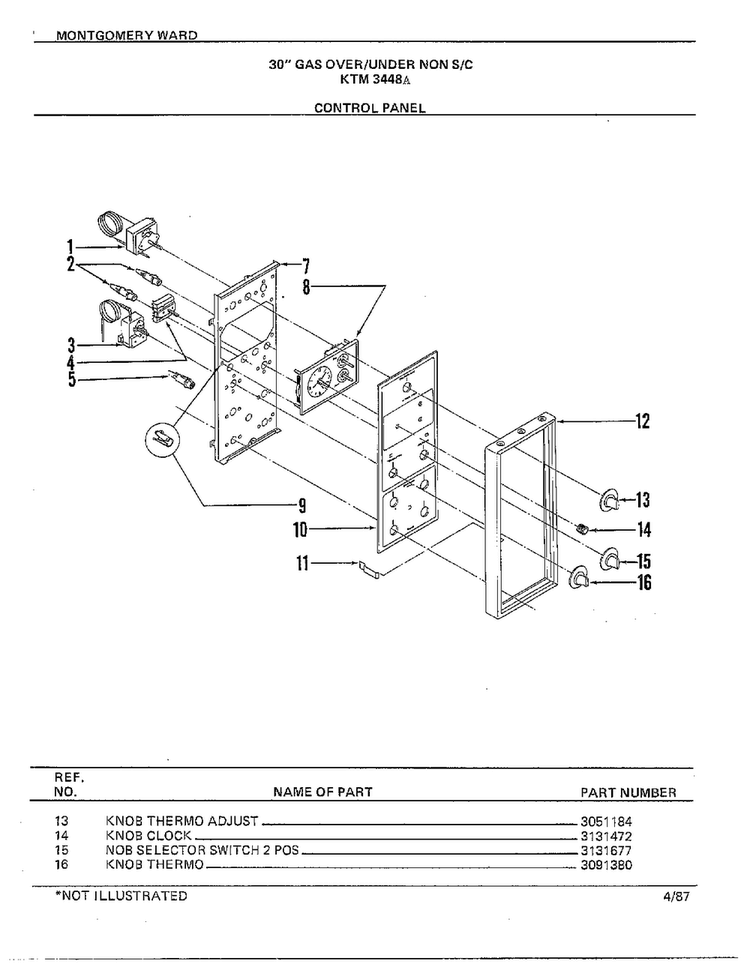 30" Gas Over/under Control Panel Diagram and Parts List for 3448A  Frigidaire Range