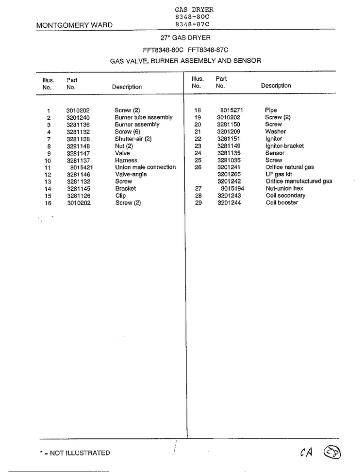 Gas Valve, Burner Assembly And Sensor Page 2 Diagram and Parts List for 8348-87C  Frigidaire Dryer