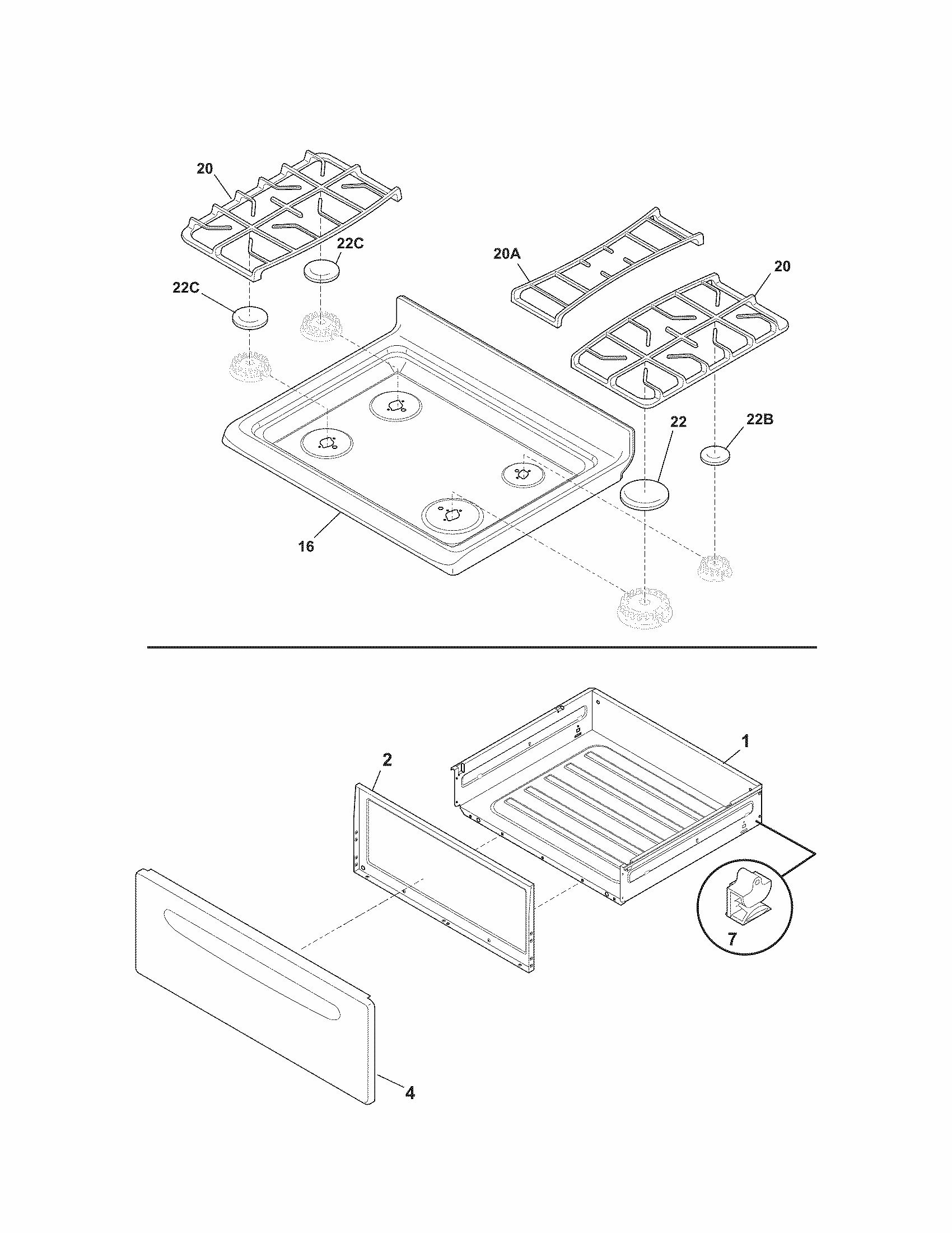 Top/drawer Diagram and Parts List for 79072609013  Kenmore Range