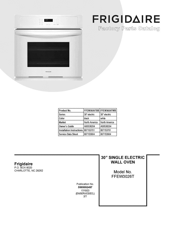 01 - Cover Sheet Diagram and Parts List for FFEW3026TBB  Frigidaire Wall Oven