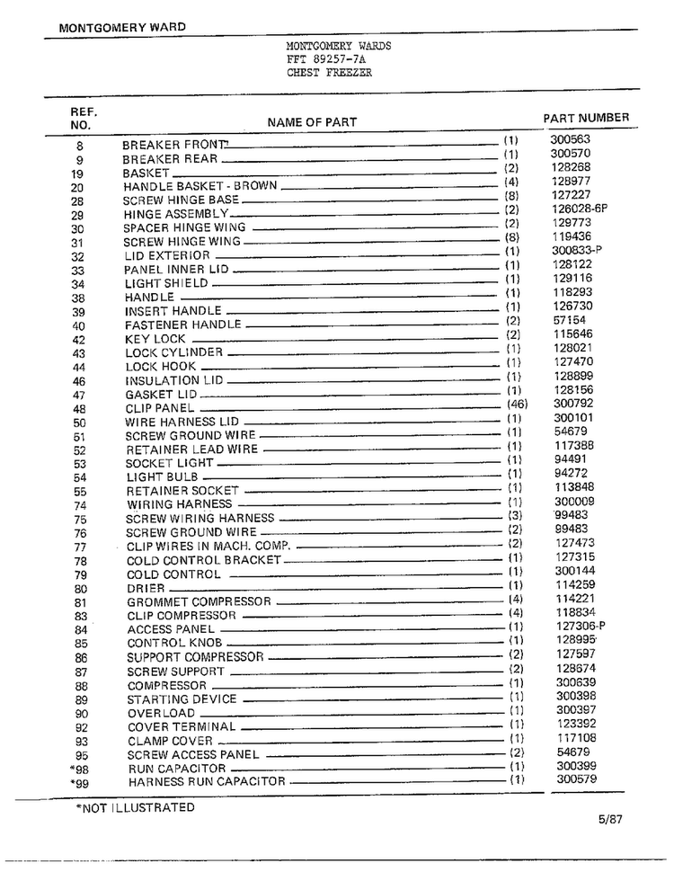 Chest Freezer Page 2 Diagram and Parts List for 89257-7A  Frigidaire Freezer