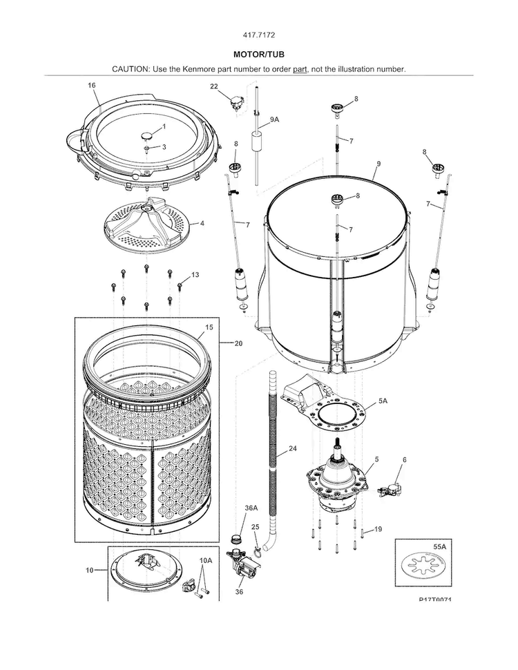 Motor/tub Diagram and Parts List for 41771722511  Kenmore Washer Dryer Combo
