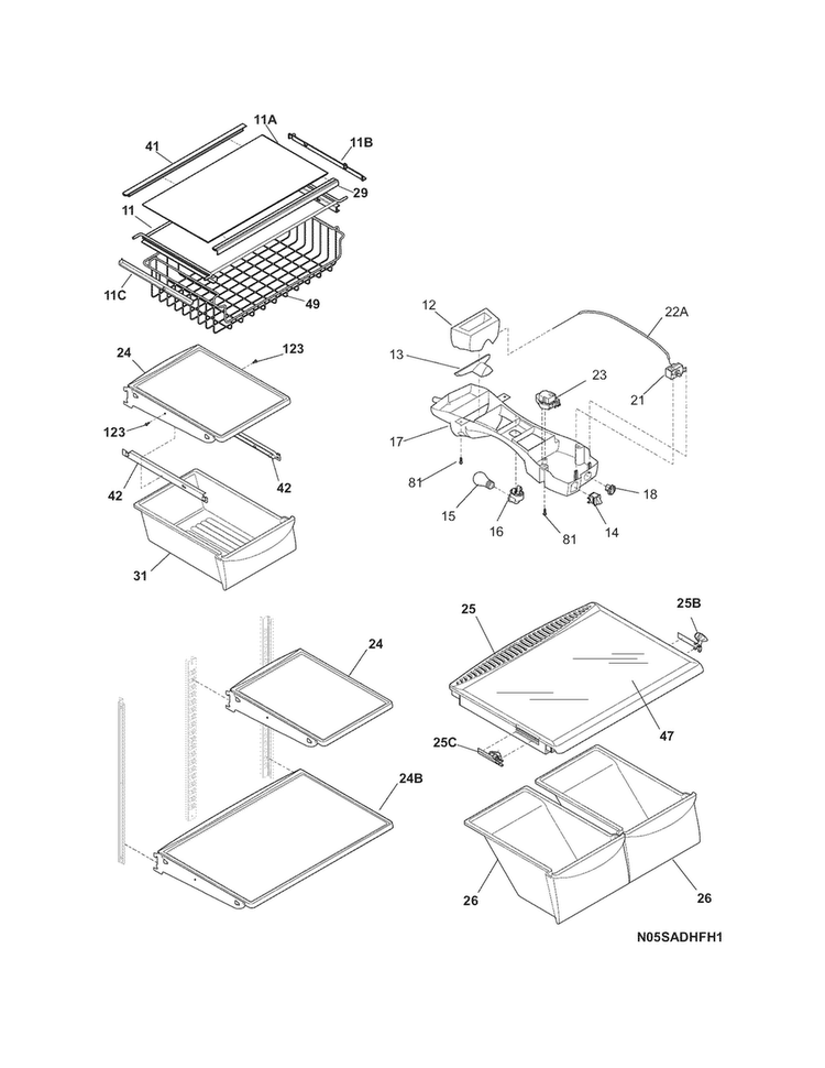 Shelves Diagram and Parts List for LGHT2137NF6  Frigidaire Refrigerator