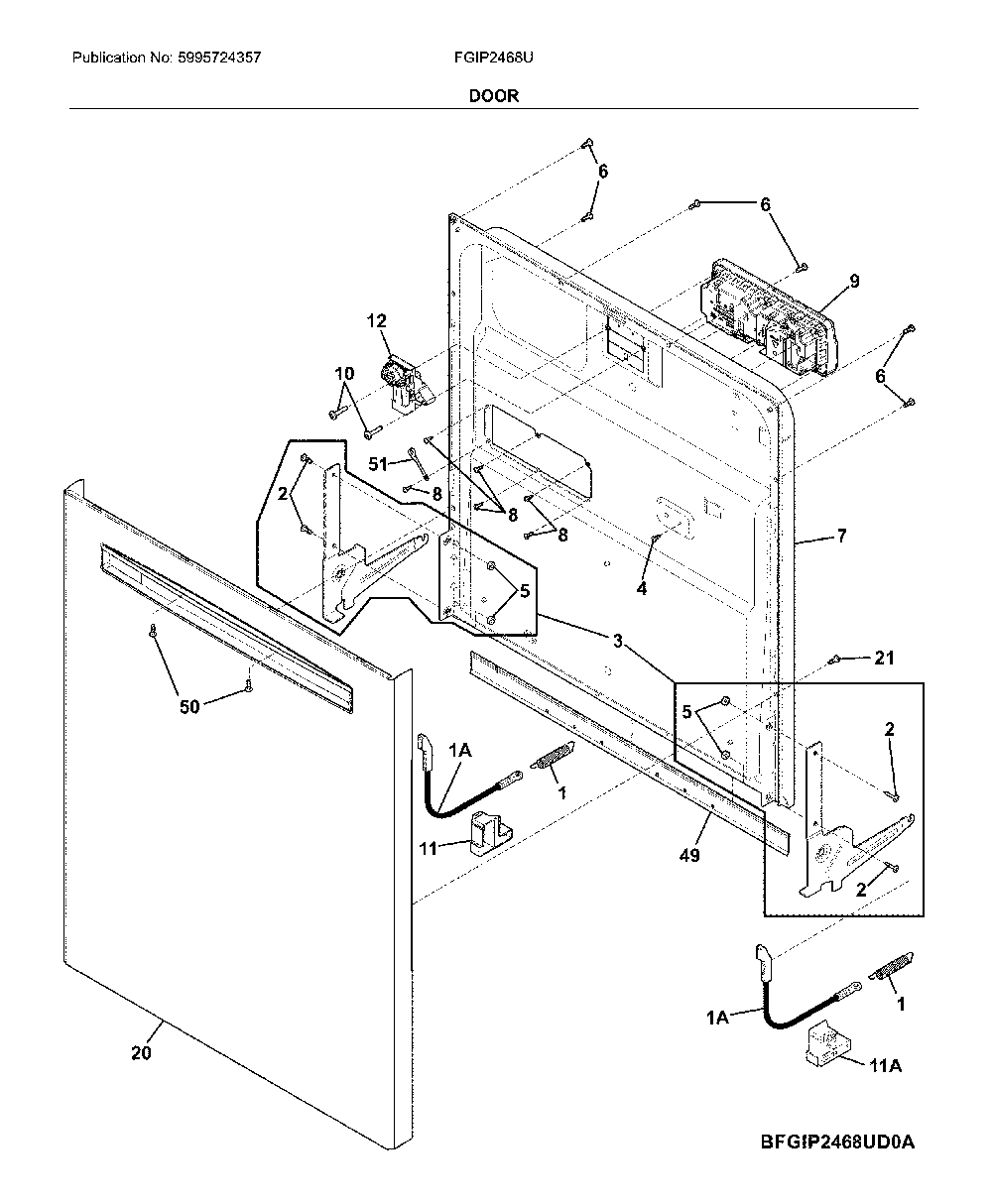 Door Diagram and Parts List for FGIP2468UD2A  Frigidaire Dishwasher