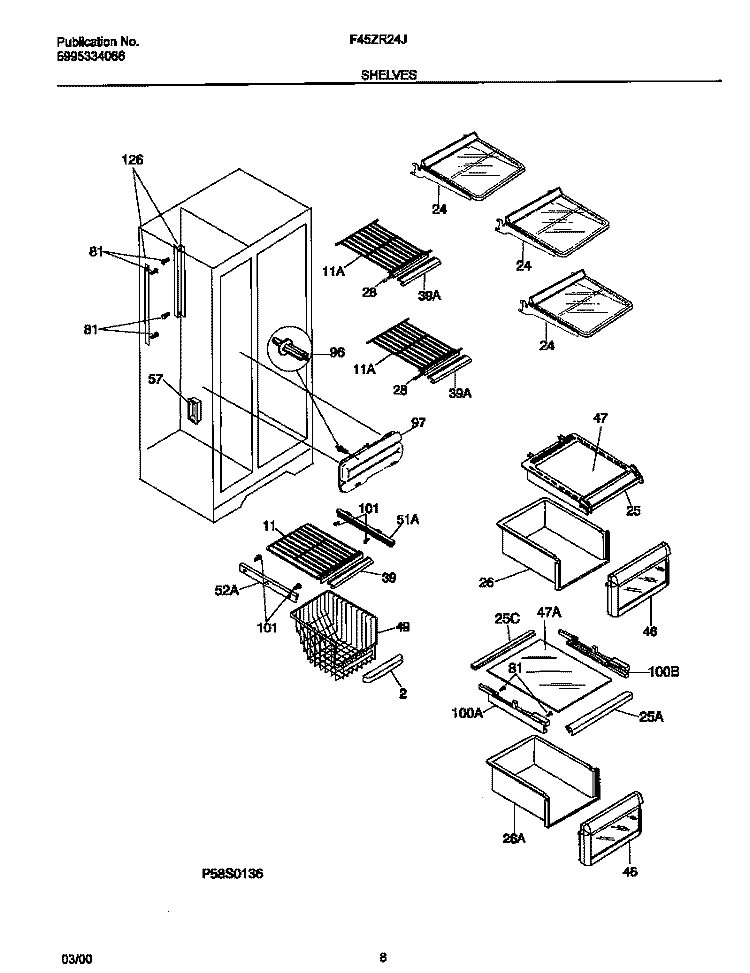 SHELVES Diagram and Parts List for F45ZR24JW0  Frigidaire Refrigerator