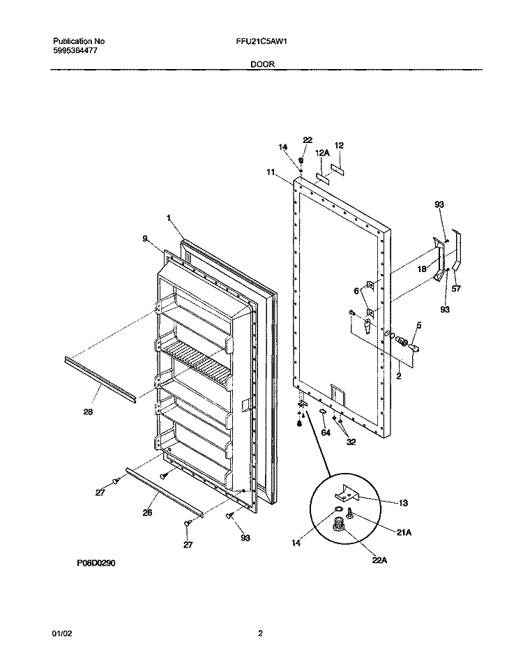 DOOR Diagram and Parts List for FFU21C5AW1  Frigidaire Freezer