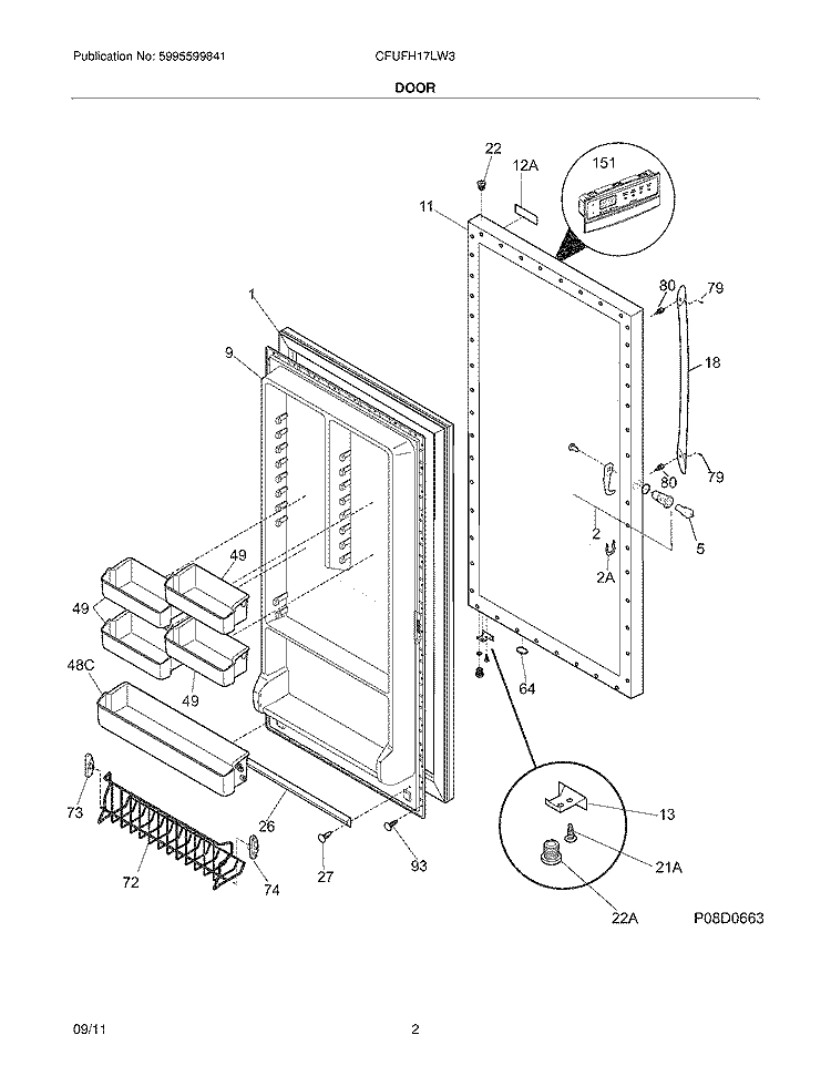 DOOR Diagram and Parts List for CFUFH17LW3  Crosley Freezer
