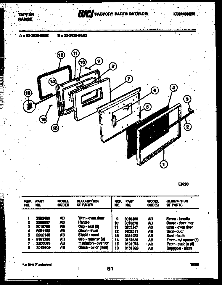 DOOR PARTS Diagram and Parts List for 32-2639-32-01  Tappan Range