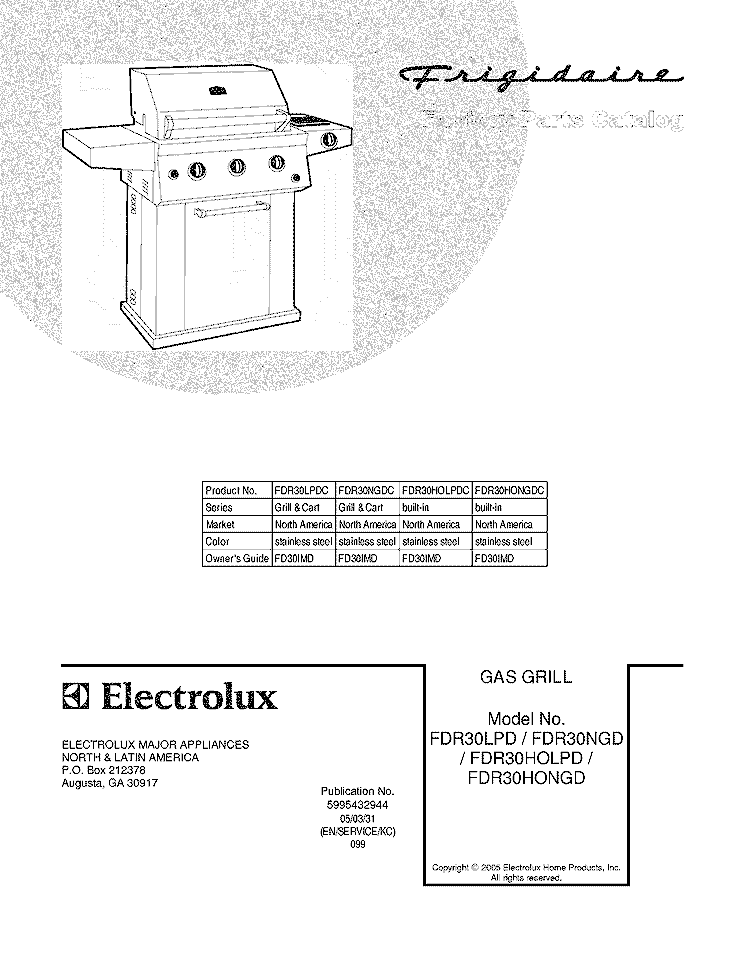 COVER Diagram and Parts List for FDR30LPDC  Frigidaire Grill