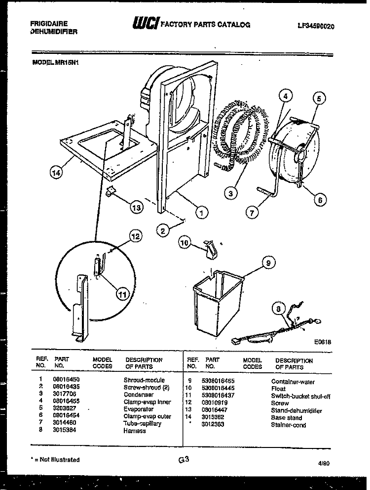 WATER AND CONDENSING PARTS Diagram and Parts List for MR15N1  Frigidaire Dehumidifier