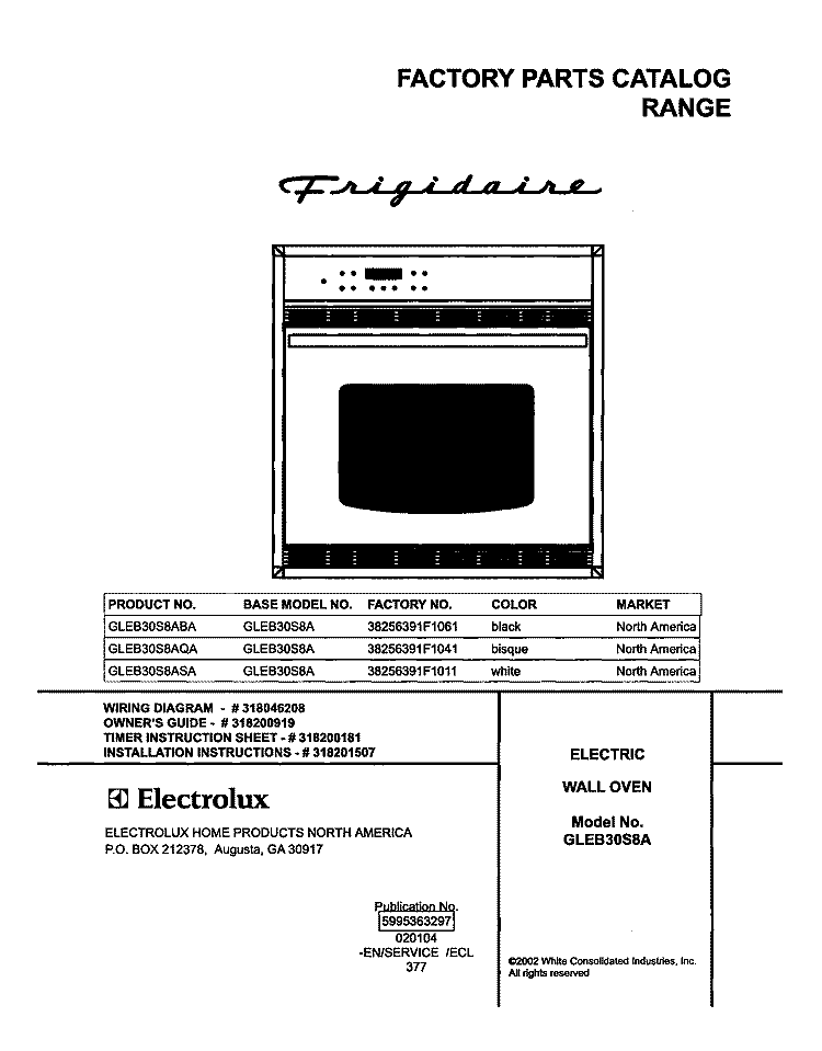 COVER Diagram and Parts List for GLEB30S8ABA  Frigidaire Wall Oven