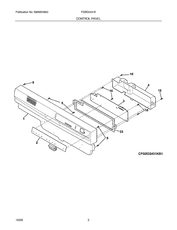 CONTROL PANEL Diagram and Parts List for FGBD2431KF1  Frigidaire Dishwasher