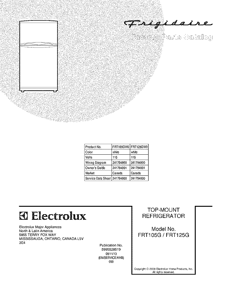 COVER Diagram and Parts List for FRT105GW0  Frigidaire Refrigerator
